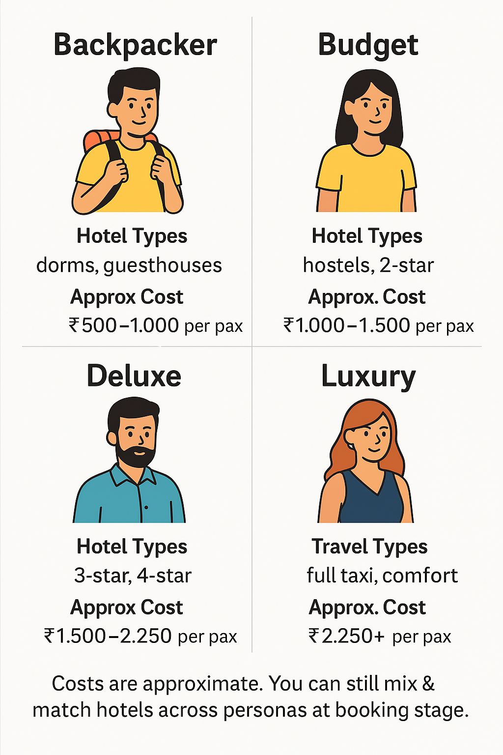 Persona guide: Backpacker, Budget, Deluxe, Luxury